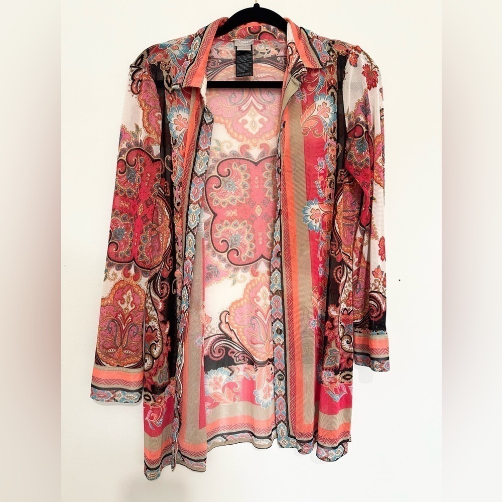 Chico’s Travelers Paisley Printed Mesh Shirt Jacket sheer Colorful size 4/6